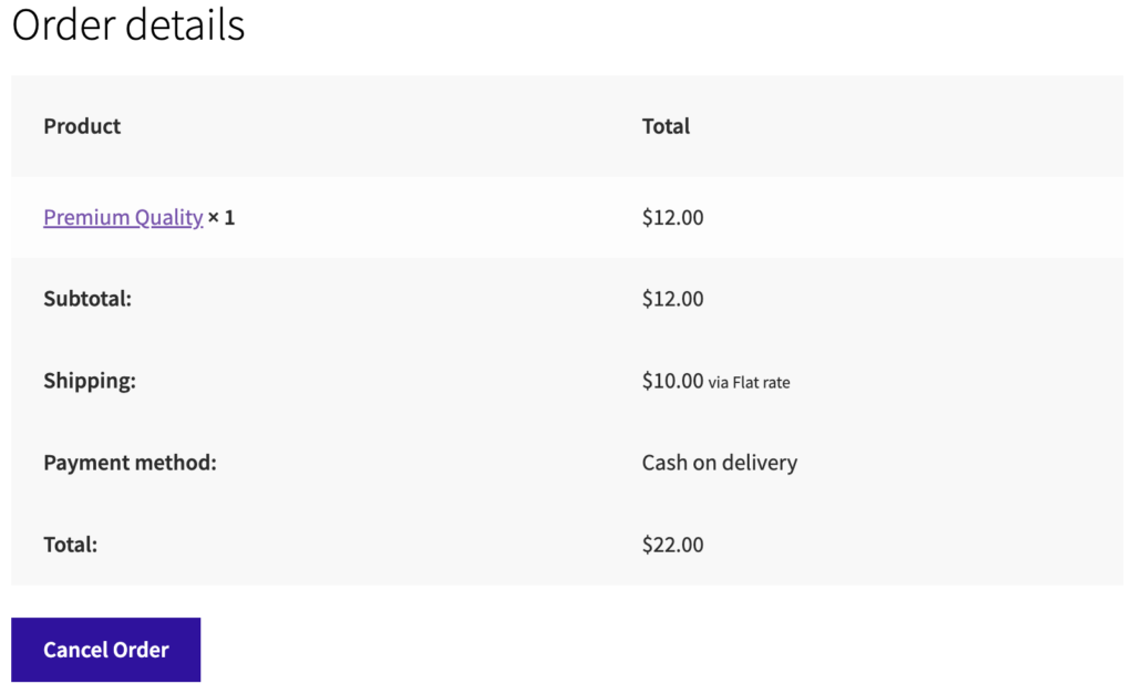 WooCommerce: thank you order details page with cancel order button
