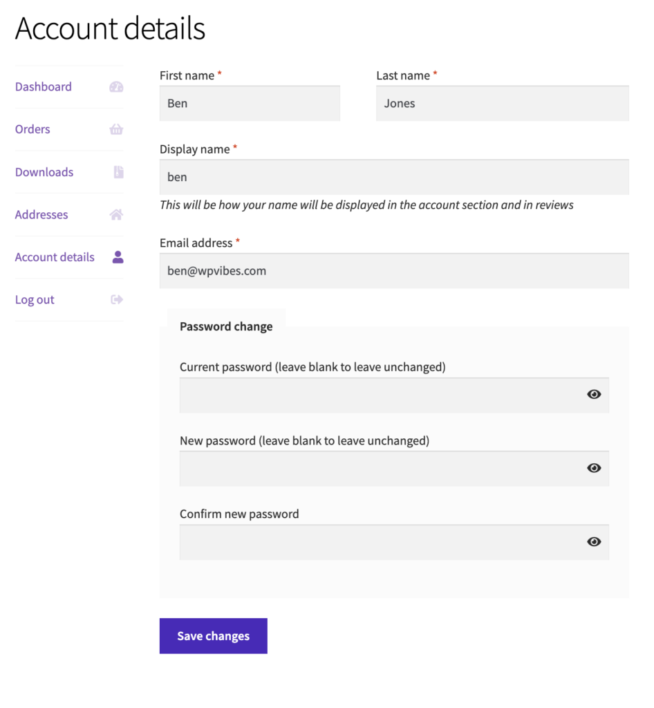 WooCommerce default account detail page