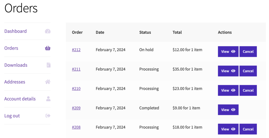 WooCommerce: cancel order button on my account orders page
