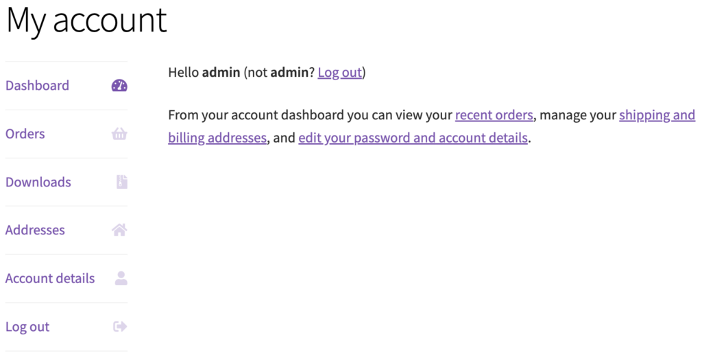 WooCommerce default my account page