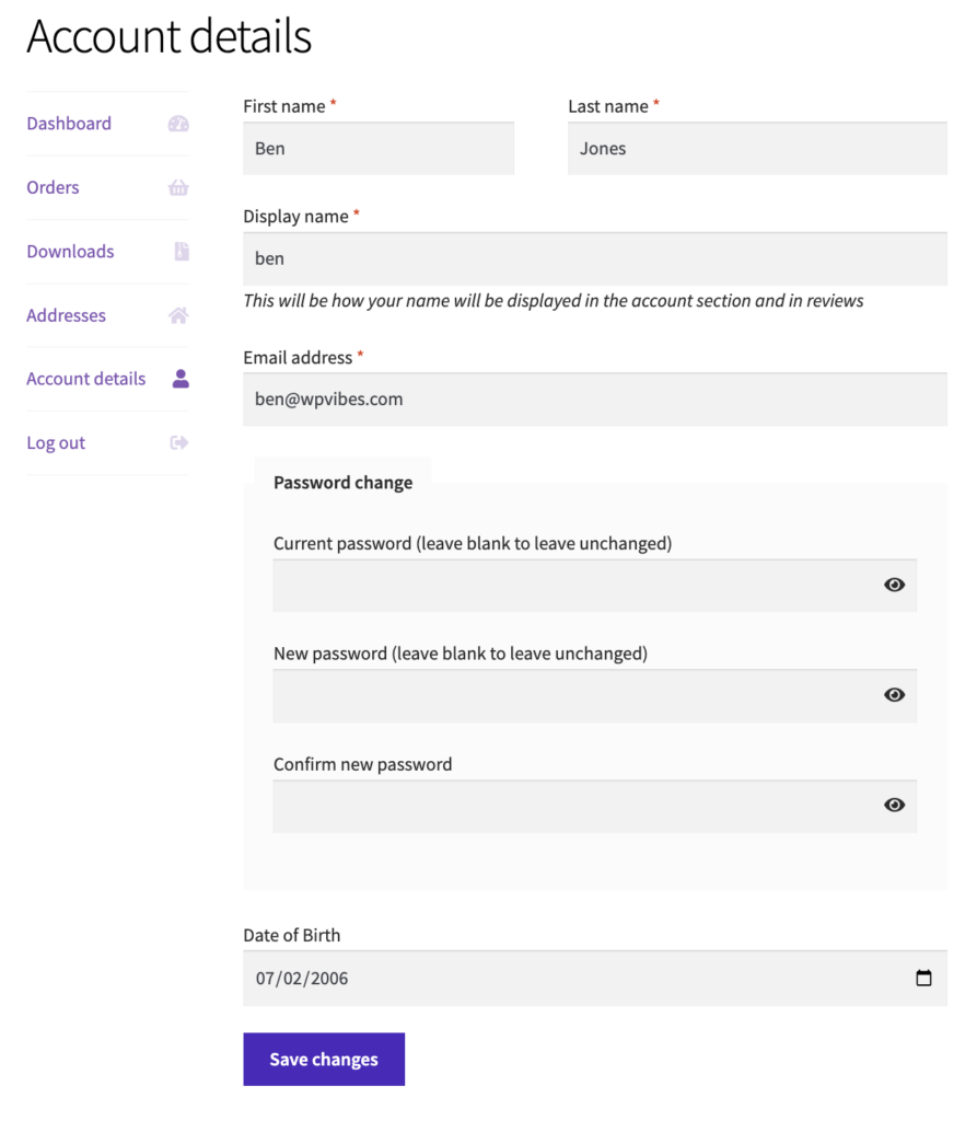 WooCommerce account detail page with an additional Date of Birth field