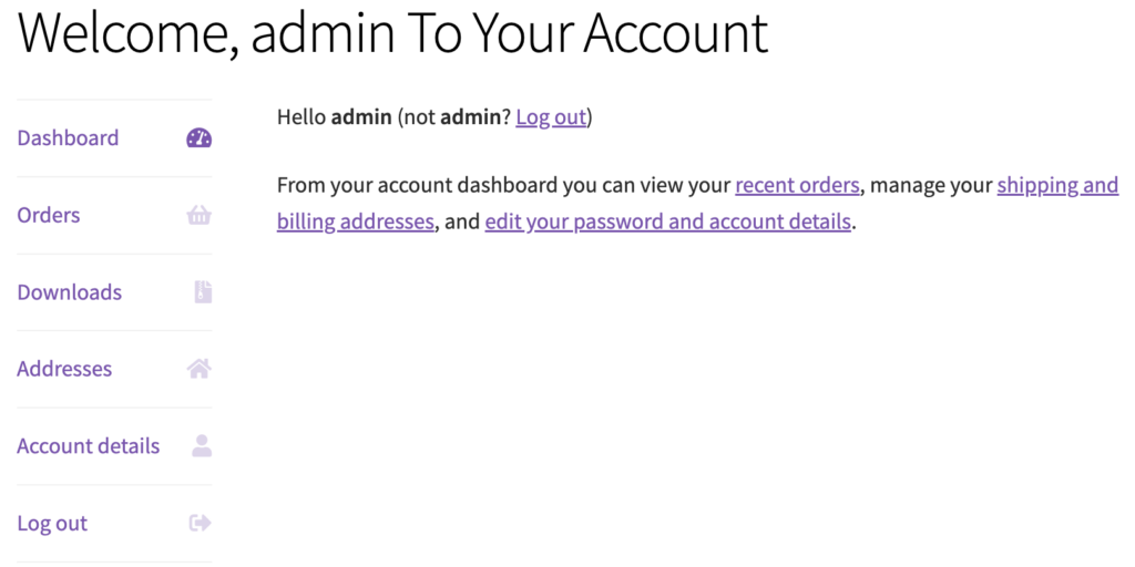 WooCommerce my account page with user name