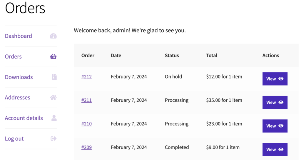 WooCommerce default order details in my account page