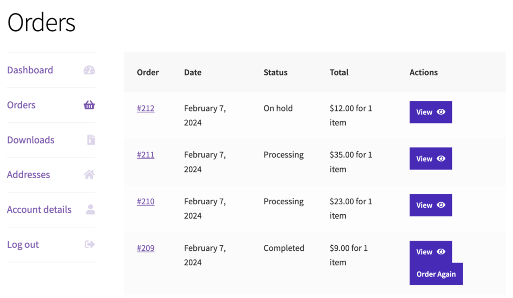 WooCommerce: My account page with order again button in order history tab