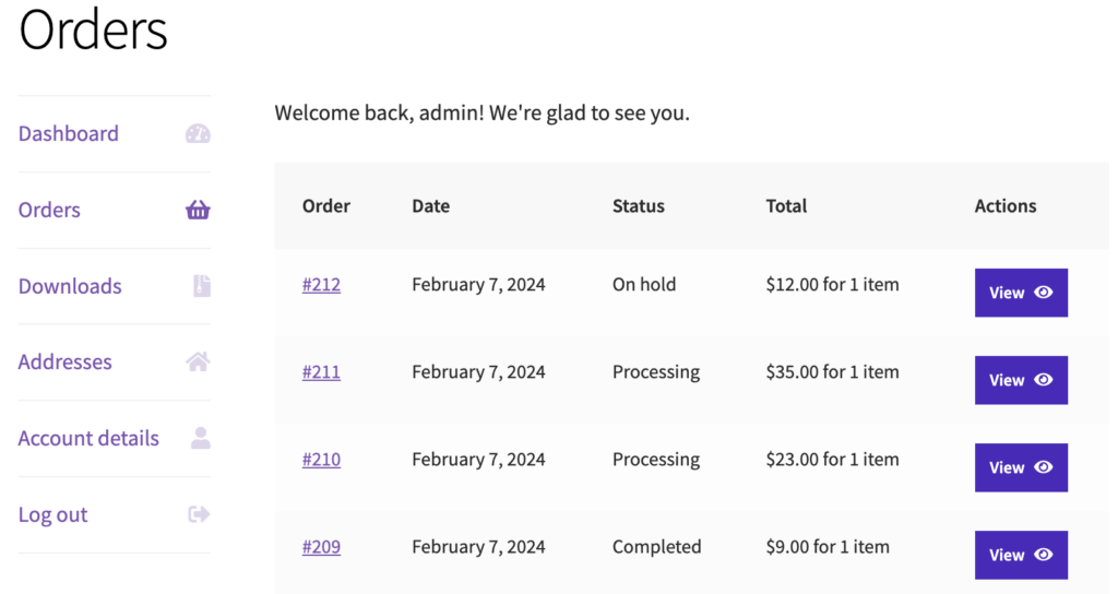 WooCommerce: My account page default order history tab