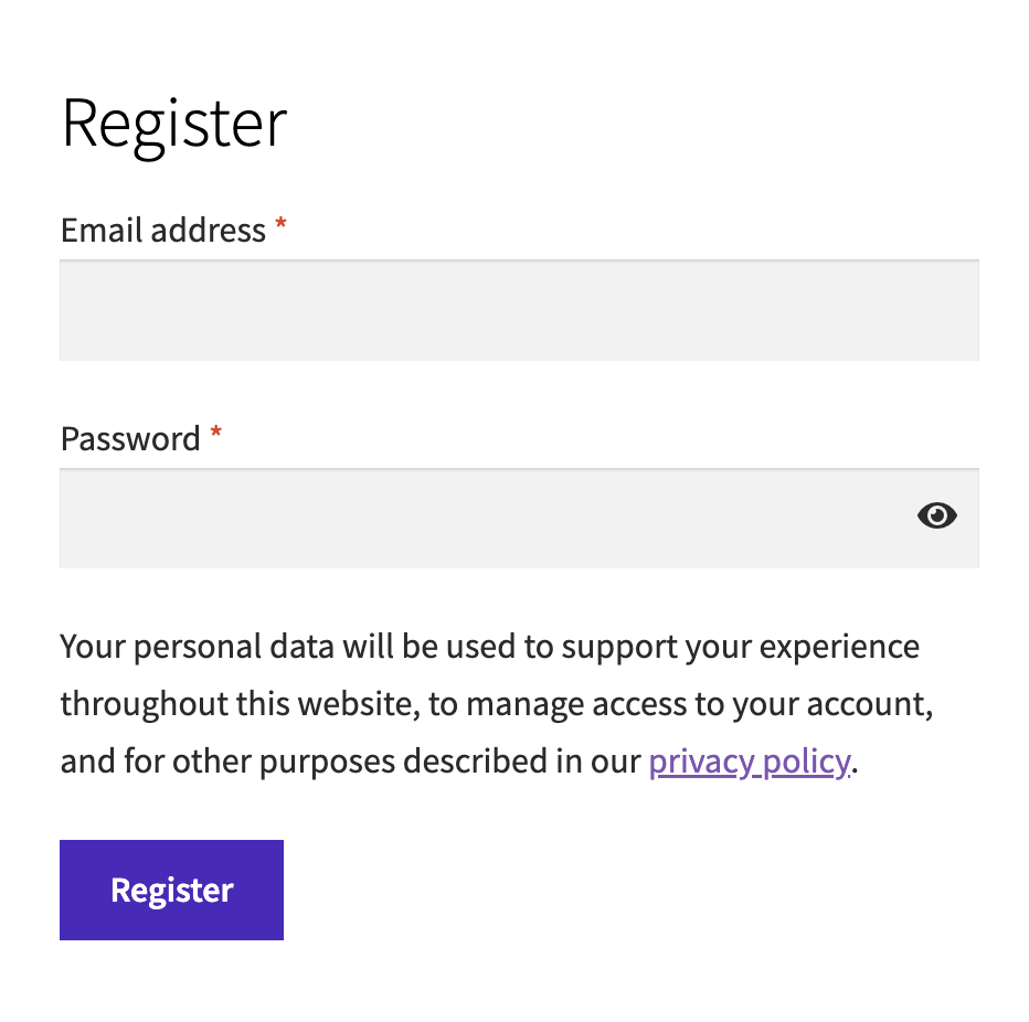 WooCommerce Registration form displaying email address and password field