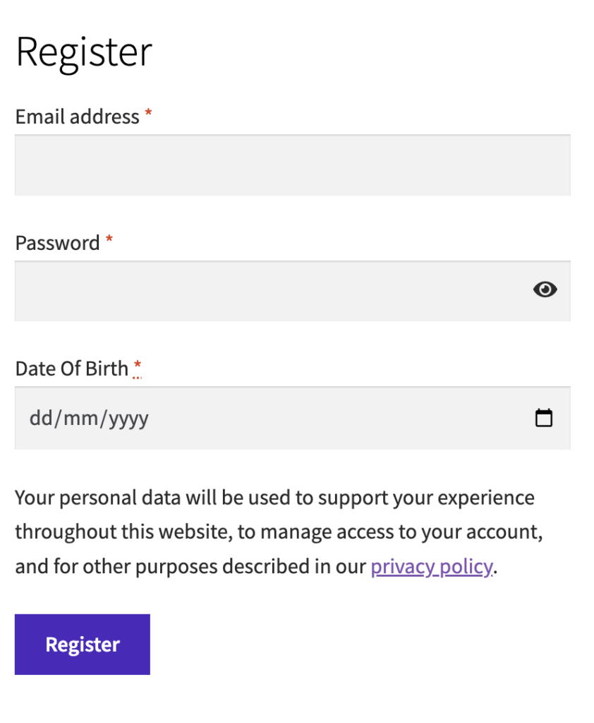 WooCommerce Registration form displaying email address, password and date of birth field