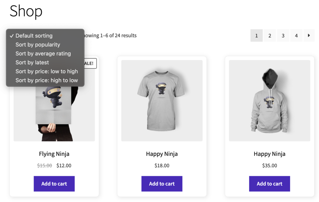 WooCommerce shop page default sorting options
