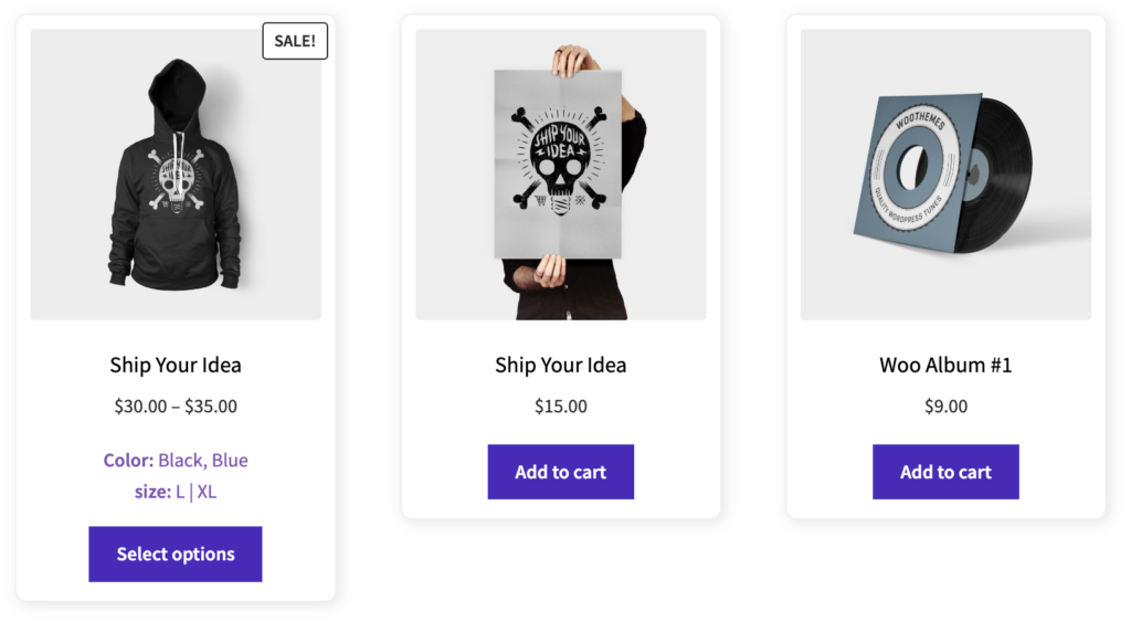 WooCommerce shop page products item with attributes
