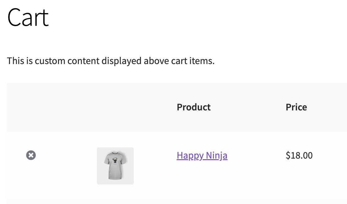 WooCommerce Cart Page with custom content above